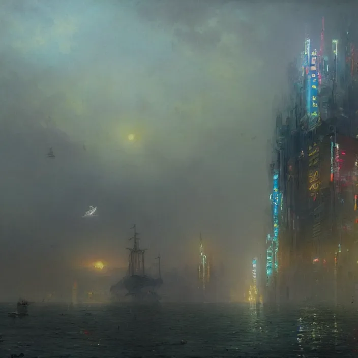 Image similar to a beautiful painting of a cyberpunk city on the sea by ivan aivazovsky and greg rutkowski and james gurney and frank lloyd and sung choi, in style of impressionnisme. hyper detailed, sharp focus, soft light. unreal engine 5 lumen. ray tracing. trending on artstation. oil on canvas