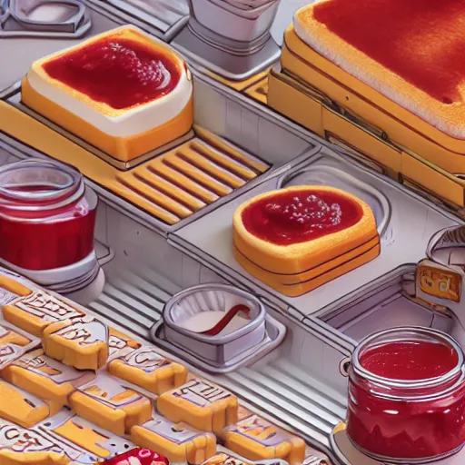 Prompt: fineline painting anthropomorphic toast in an isometric steampunk strawberry jam factory, colour pallette of strawberry shortcake, incredible detail, vray render subsurface scatter drum scanner, intricate complexity, golden ratio, cartoon animation pendleton ward, 8 k detail