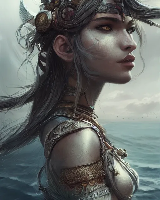 Image similar to A beautiful female warrior posing on a boat, beautiful face, highly detailed face, close-up, fantasy art, in the style of greg rutkowski, illustration, epic, fantasy, intricate, hyper detailed, artstation, concept art, smooth, sharp focus, ray tracing