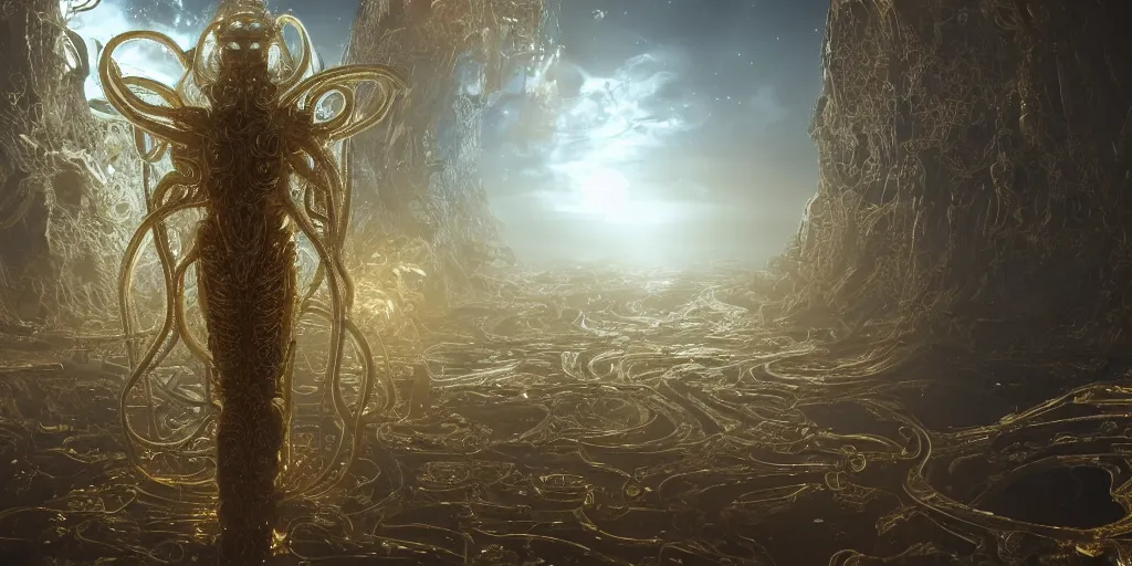 Prompt: a photo of 8k ultra realistic corrupted lovecraftian golden humanoid queen standing next to a spaceship window overlooking earth, 2 intricate white and gold tentacles, smooth white and gold armour, cinematic lighting, trending on artstation, 4k, hyperrealistic, focused, extreme details, unreal engine 5, cinematic, masterpiece