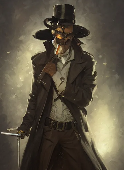 Image similar to portrait of a detective wearing trench coat and smoking puro, holding a sword, victorian, concept art, detailed face, fantasy, close up face, highly detailed, cinematic lighting, digital art painting by greg rutkowski