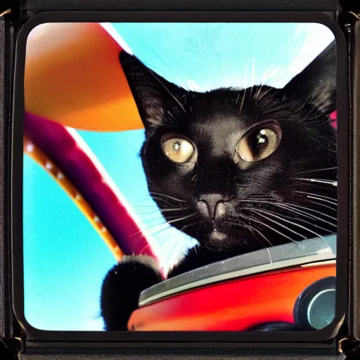 Prompt: black cat in a rollercoaster. the cat is enjoying the ride. sunlight. polaroid photo. saturated colors.
