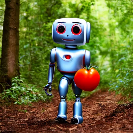 Image similar to cute smiling robot with tomato hat, trekking in a forest, pixar style