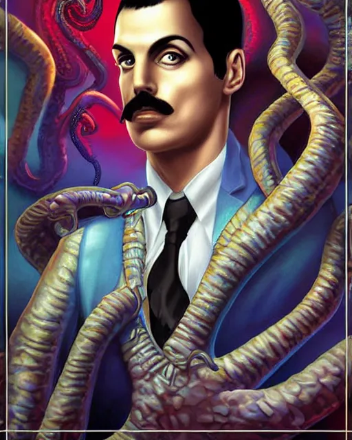 Prompt: lovecraft lovecraftian portrait of freddie mercury, pixar style, by tristan eaton stanley artgerm and tom bagshaw, retro future