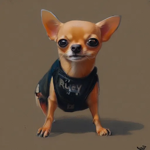 Image similar to a honey colored chihuahua puppy Showing off her streetwear , artstation, greg rutkowski, cinematic