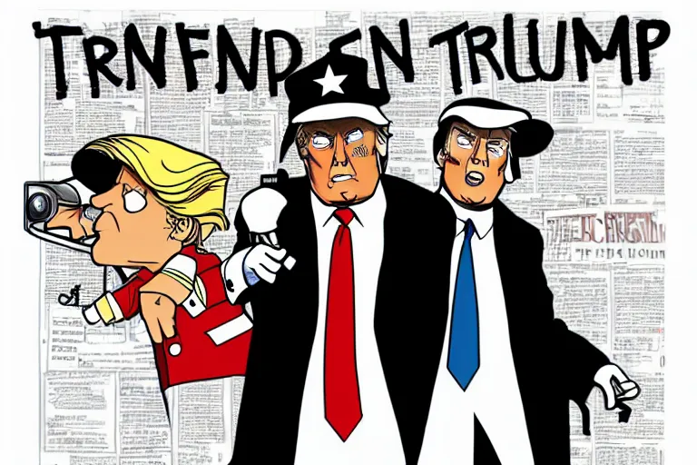 Image similar to 2 d poster illlustration donald trump and donald trump wearing trenchcoats and black spy hats for the movie spy vs spy