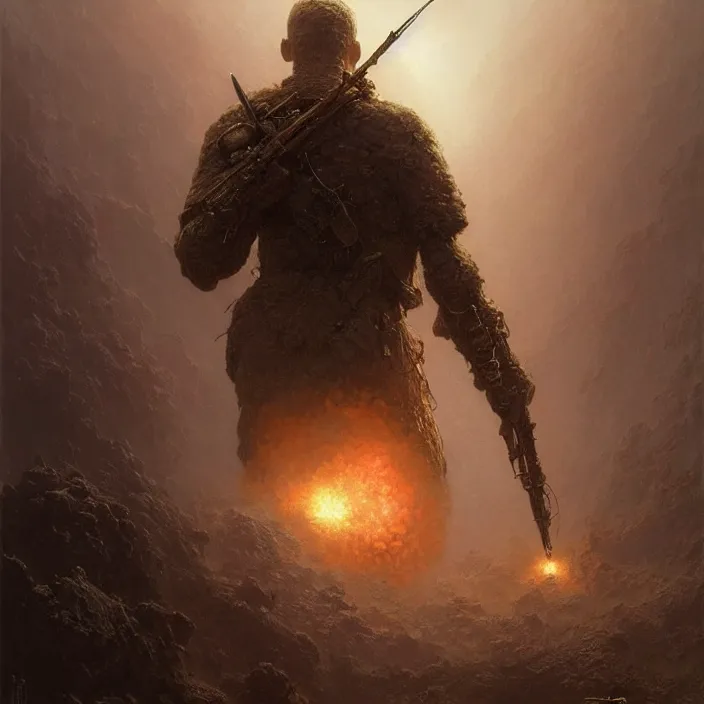 Image similar to 4k fantasy soldier ,art by zdzisław Beksiński, art by greg rutkowski, art by craig mullins, art by thomas kincade, art by Yoshitaka Amano