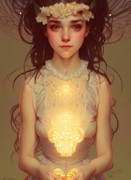 Image similar to symmetry!! cute girl in lolita clothes, intricate, elegant, glowing lights!! highly detailed, digital painting, artstation, concept art, smooth, sharp focus, illustration, art by artgerm and greg rutkowski and alphonse mucha