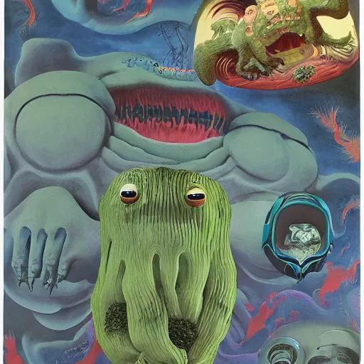 Prompt: a giant tardigrade kaiju retro japanese, monster slimy, oil painting, 7 0 s vintage art, by georgia o keeffe, by kay nielsen, by gustave dore, by frank frazetta, nausicaa, collage, by james gurney, by saul bass