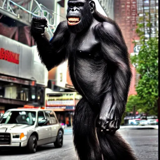 Image similar to terminator ape walking down new york streets