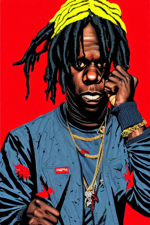 Prompt: rapper chief keef with bloods bandana, chris bachalo comic art, pop art, no duplicate image, pixel art, ultra details, ultra realistic, digital painting, artstation, concept art, smooth, sharp focus, identical, illustration, intecrate details, art by richard hamilton and mimmo rottela, pixels art by kirokaze and paul robertson