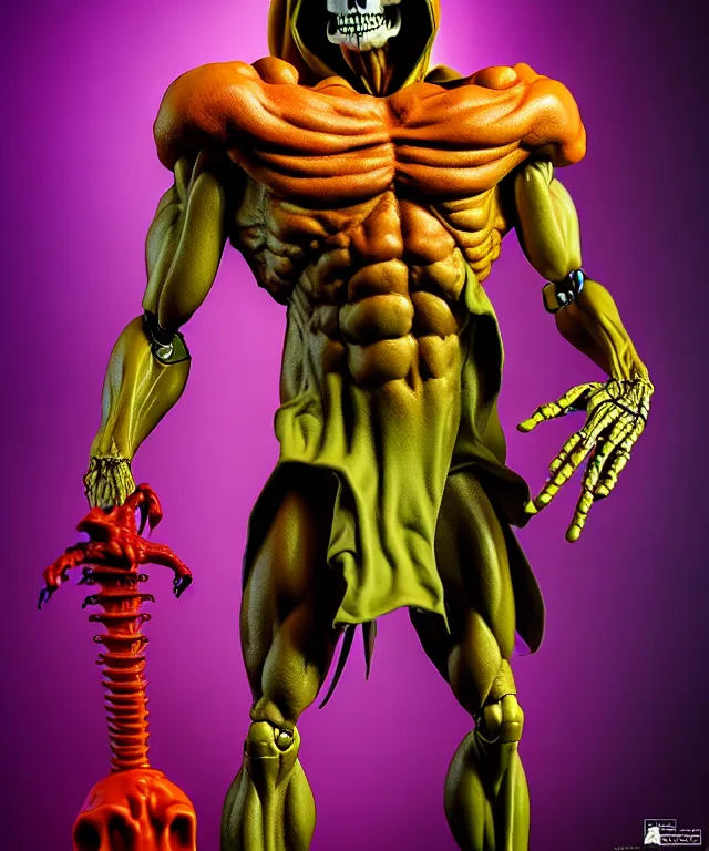 Image similar to hyperrealistic rendering, skeletor, by art of skinner and richard corben and jeff easley, product photography, action figure, sofubi, studio lighting, colored gels