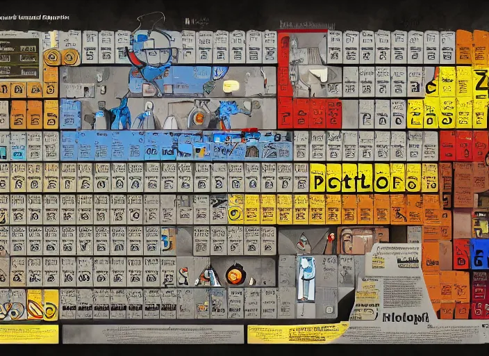 Image similar to Poster of a crazy periodic table from a different universe in the style of portal2, digital art, astonishing great details, award winning, high res