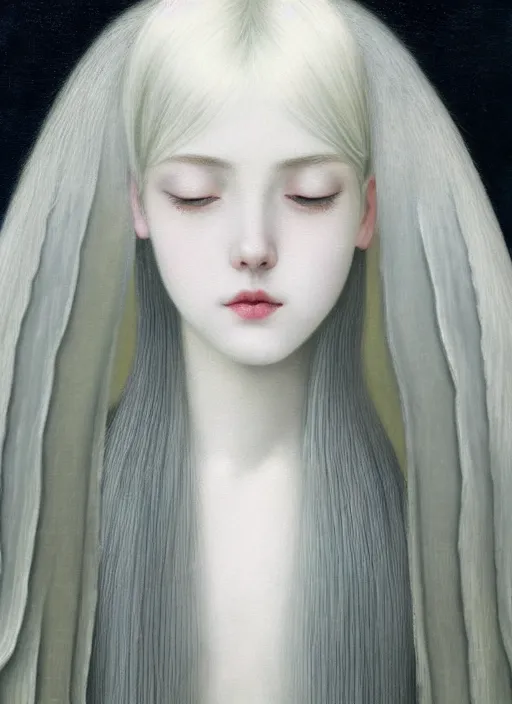 Image similar to thin young beautiful angel with silver hair so long, pale!, wearing silver hair, silver angel wings, young adorable korean face, silver hair!!, oil on canvas, style of fernand khnopff, 4 k resolution, aesthetic!,