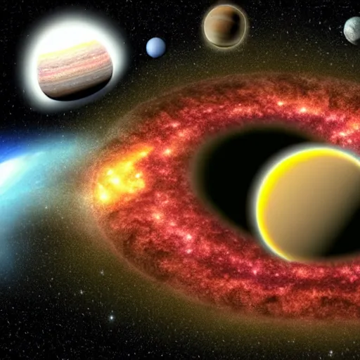 Prompt: solar system being sucked into black hole, epic, big, astronomical, crazy, wacky,