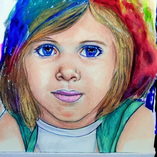 Image similar to of accurate and realistic representation of a close up portrait of a cute blue eyed blond hair boy. colored paints and colored inks on vellum.