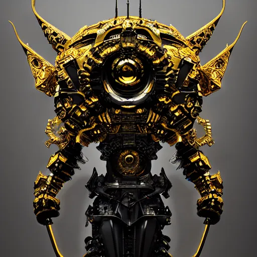 Image similar to cyber gold black samurai : by michal karcz, daniel merriam, victo ngai and guillermo del toro : ornate, dynamic, particulate, intricate, elegant, highly detailed, centered, artstation, smooth, sharp focus, octane render