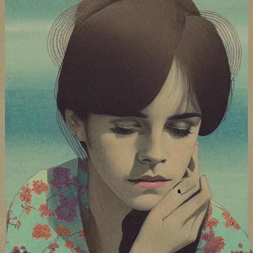 Image similar to emma watson portrait by ikenaga yasunari and ayana otake and ko rakusui, 6 0 s poster, drawing, realistic, sharp focus, japanese, dreamy, nostalgia, faded, golden hues, floral clothes