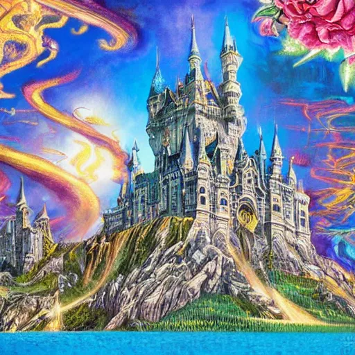 Image similar to a gigantic tall towering surreal elaborate sparkling gothic stone castle built over a lake on a bright sunny day, illustration by Ayami Kojima, Lisa Frank coloring, concept art, hyperdetailed, 4k