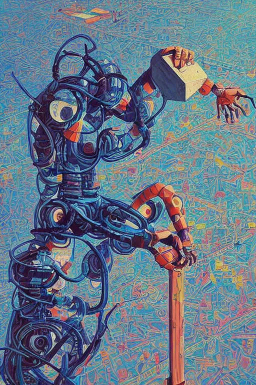 Prompt: a boy fixing his robot. high angle. oil on canvas. by Lohmuller Gyuri and Victo Ngai.
