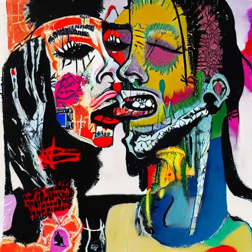 Image similar to acrylic painting of two bizarre psychedelic goth women kissing in japan in a lot of trouble, speculative evolution, mixed media collage by basquiat and jackson pollock, maximalist magazine collage art, sapphic art, psychedelic illustration