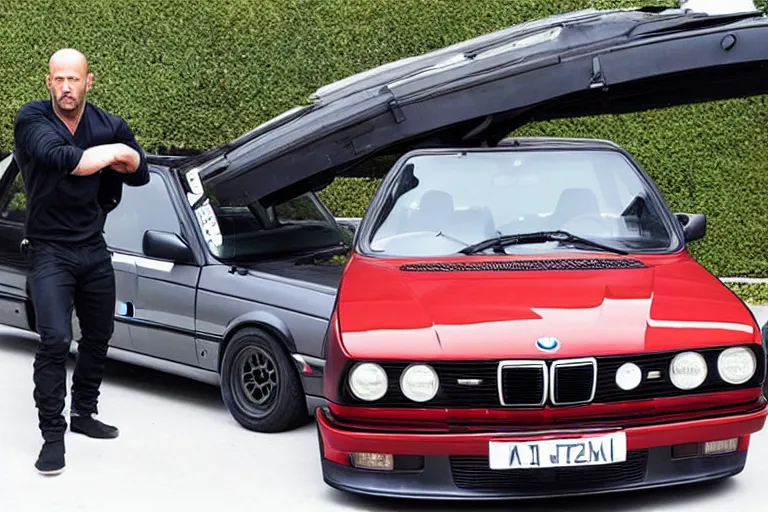 Image similar to Angry Jason Statham lifts BMW e30 that sits above him