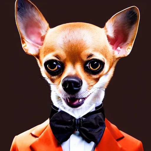 Prompt: professional portrait photo of a humanoid, with robotic parts on his face, honey color chihuahua dog, digital - art woman with a suit super hero