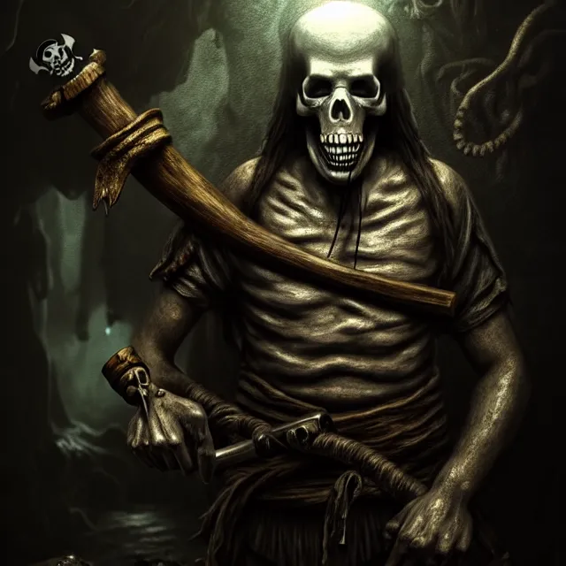 Prompt: photo of a ghostly pirate head and torso, holding a cutlass, and standing in a grotto, photorealistic, dark, atmospheric lighting, lovecraft, intricate, ultra detailed, well composed, best on artstation, cgsociety, epic, stunning, gorgeous, intricate detail, wow, masterpiece