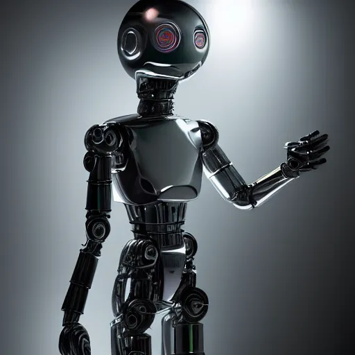 Image similar to humanoid chrome robot designed by h. r. giger - studio photo - backlight - reflections - volumetric fog - color lights, masterpiece, cinematic, hyperdetailed, photorealistic, hyperrealism, octane rendering, depth of field