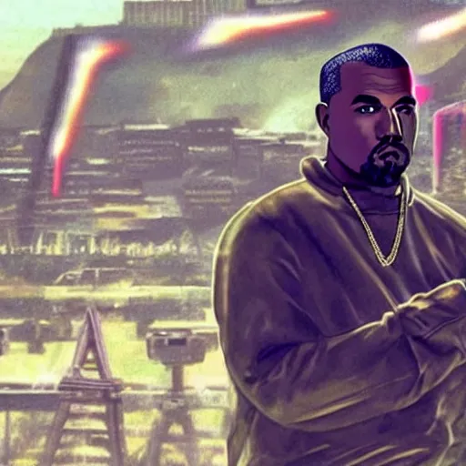 Prompt: Kanye with an RPG official GTA artwork midshot