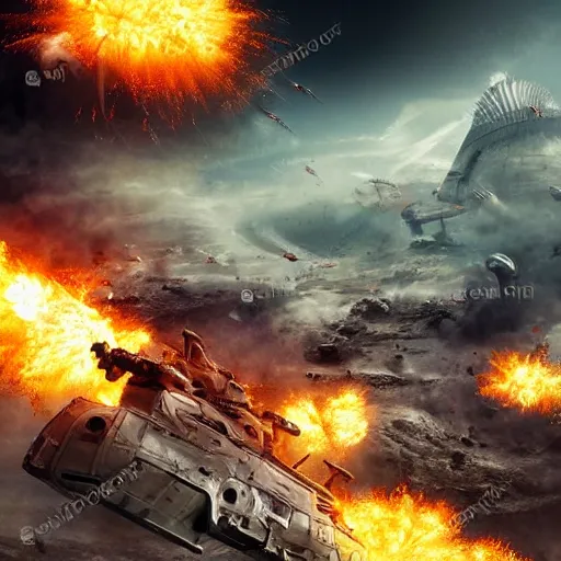 Image similar to science - fiction futuristic apocalyptic war scene with explosions