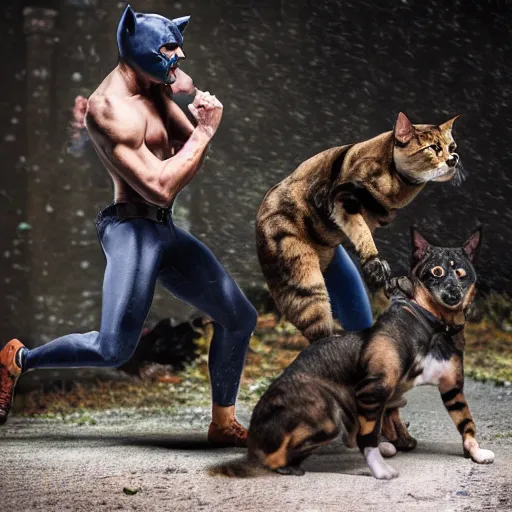 Image similar to dog-man fights cat-woman 8k photograph