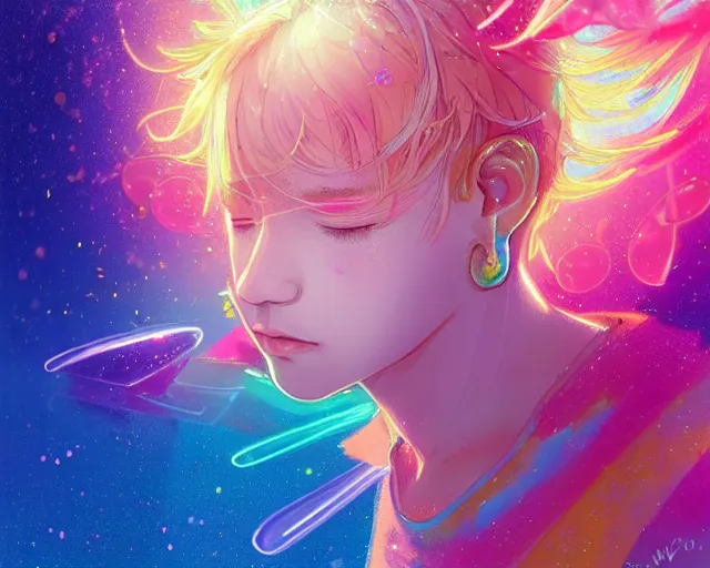 Prompt: harmony of tiny golden stars, mute, coherent, colorful crystals, fairies, pink haired teen boy jimin eyes closed tear drops, wearing greek clothes, tropical, neon rainbow lineart! by wlop, james jean, victo ngai, incredible overlay! sun light through skin, muted colors, highly detailed, fantasy art by craig mullins, thomas kinkade