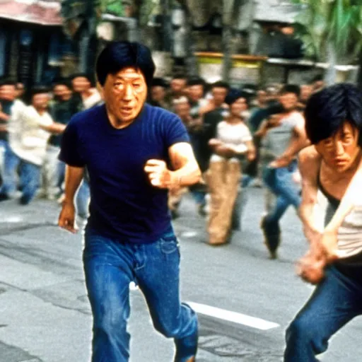 Prompt: a film still of jackie chan getting robbed in rio de janeiro running after the thief