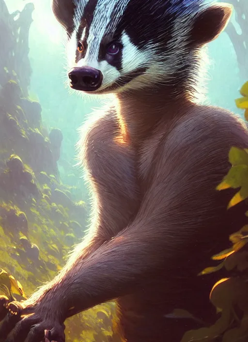 Image similar to highly detailed portrait of a cute badger, unreal engine, fantasy art by greg rutkowski, loish, rhads, ferdinand knab, makoto shinkai and lois van baarle, ilya kuvshinov, rossdraws, tom bagshaw, alphonse mucha, global illumination, radiant light, detailed and intricate environment