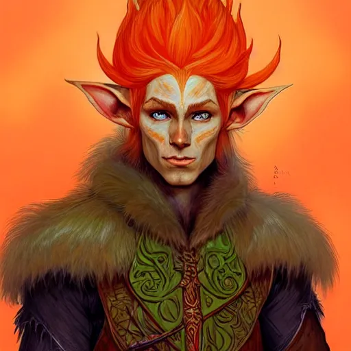 Image similar to portrait painting of an elven eladrin young man with short light orange hair and tribal tattoos in his cheekbones wearing fur armor, d & d, rpg, sharp focus, award - winning, trending on artstation, masterpiece, highly detailed, intricate. art by josan gonzales and moebius and deathburger