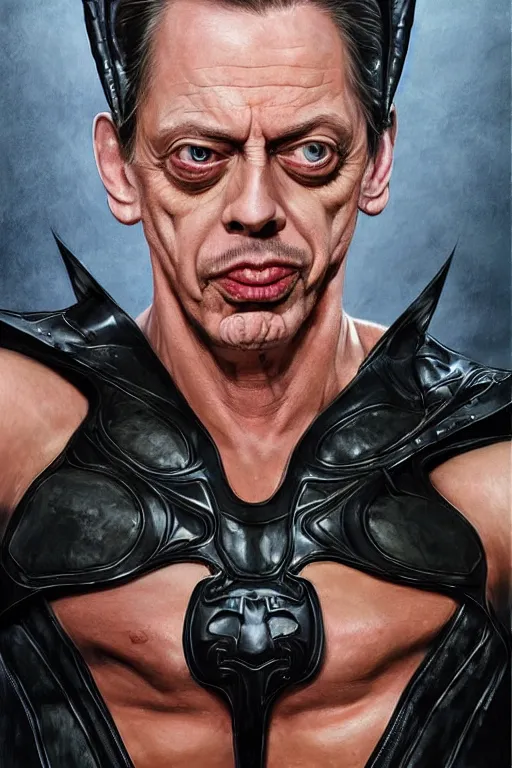 Image similar to Steve Buscemi as a hero in black leather shorts and batman head piece, drinking coffee with toddlers, amazing bodybuilder muscles, intricate, elegant, highly detailed, centered, digital painting, artstation, concept art, smooth, sharp focus, illustration, art by artgerm and donato giancola and Joseph Christian Leyendecker, Ross Tran, WLOP