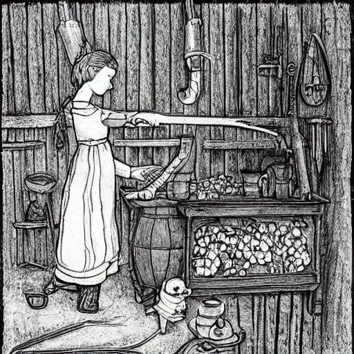 Image similar to the blacksmits’ daughter, working in the forge, fantasy art in the style of Elsa Beskow,