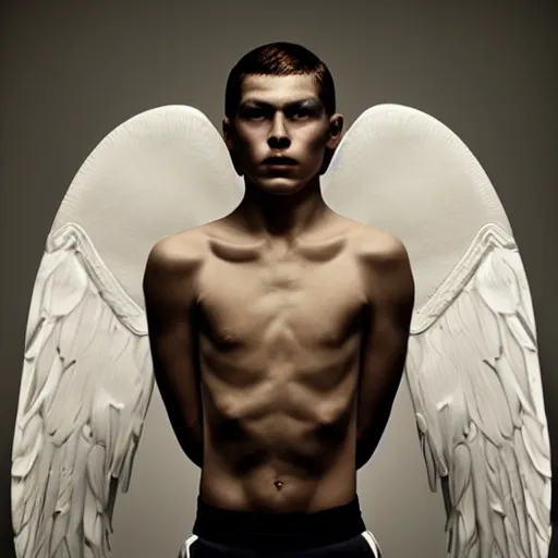 Prompt: a portrait of a beautiful athletic young male iridiscent angel , photographed by erwin olaf, artistic