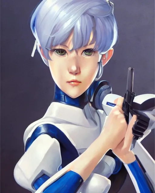 Image similar to greg manchess anime style portrait painting of rei ayanami as an overwatch character, medium shot, asymmetrical, profile picture, organic painting, sunny day, matte painting, bold shapes, hard edges, street art, trending on artstation, by huang guangjian and gil elvgren and sachin teng