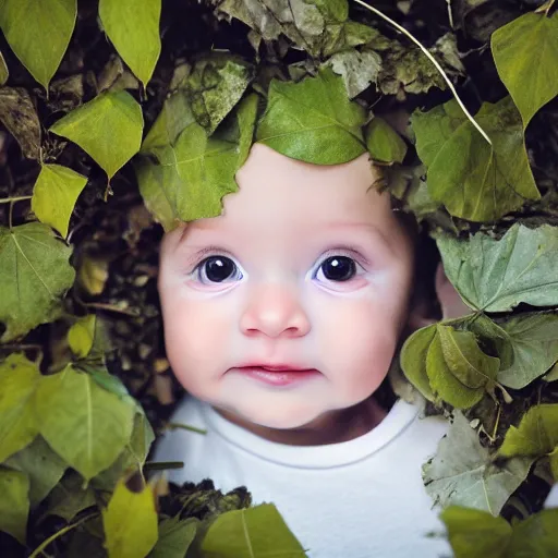 Image similar to award winning hyper realistic photograph of a baby sasquatch portrait hiding in the leaves peering out timidly with with large cute eyes