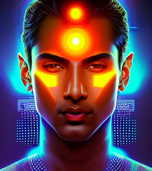 Image similar to symmetry!! indian prince of technology, solid cube of light, hard edges, product render retro - futuristic poster scifi, lasers and neon circuits, brown skin handsome indian prince, intricate, elegant, highly detailed, digital painting, artstation, concept art, smooth, sharp focus, illustration, dreamlike, art by artgerm