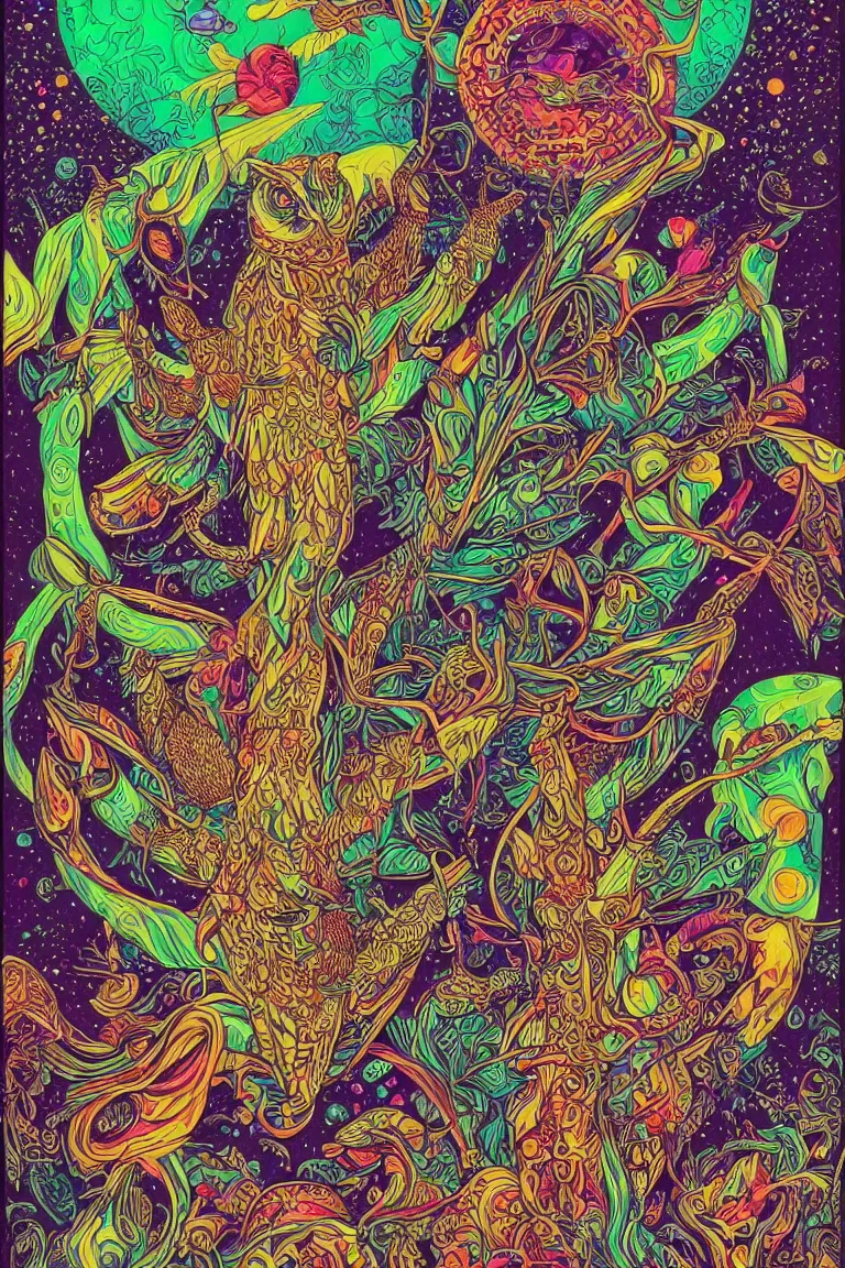 Prompt: beautiful colorful hyperrealist highly detailed psychedelic music poster'ladies and gentleman the electric owls live at the fillmore with their guests lemonade circus ', neo art nouveau, beautiful high contrast colored wood engraving, moebius comic style, shocking detail trending on artstation 8 k