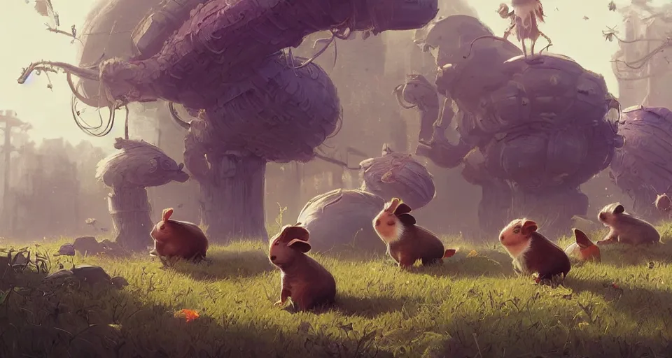 Image similar to a realistic cute guineapigs everywhere, by simon stalenhag, frank frazetta, greg rutkowski, beeple, yoko taro, christian macnevin, beeple, epic fantasy character art, volumetric outdoor lighting, midday, high fantasy, cgsociety, cheerful colours, full length, exquisite detail, post - processing, masterpiece, cinematic