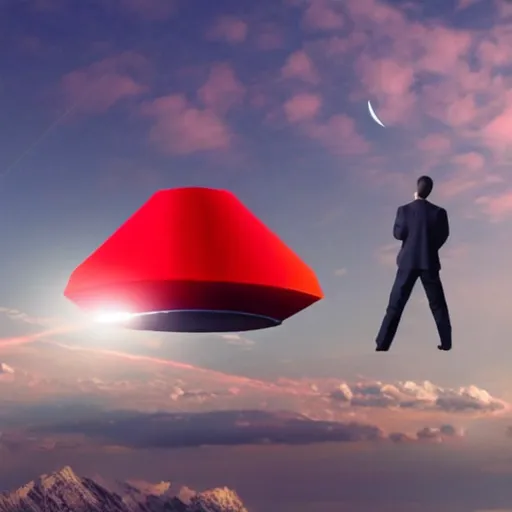 Image similar to Red-Square-Shaped UFO Spaceship Above a Man standing