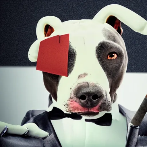 Prompt: An anthropomorphic pitbull wearing a tuxedo and smoking a cigar sitting in an office chair in a dark room, 8k, highly detailed, cinematic,