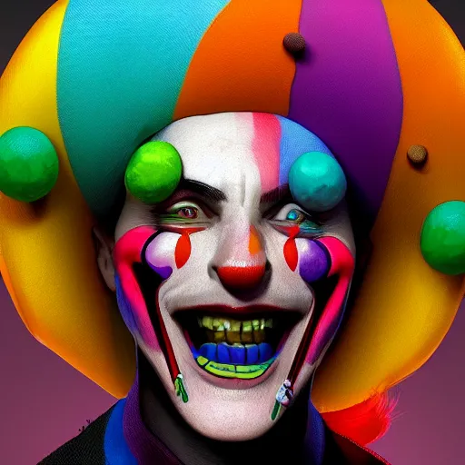 Image similar to Portrait of a colorful happy joyful clown, artstation, cgsociety, masterpiece