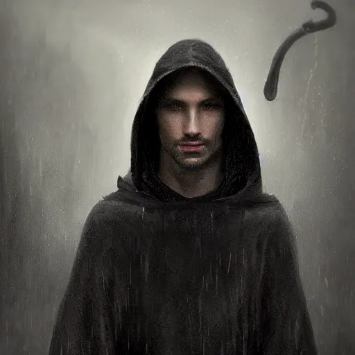 Image similar to epic portrait an depressed hooded man wearing a black jumper and holding an umbrella during rain, depressing, sad, digital painting, artstation, concept art, soft light, hdri, smooth, sharp focus, illustration, fantasy, intricate, elegant, highly detailed, D&D, matte painting, in the style of Greg Rutkowski and Alphonse Mucha and artemisia, 8k, highly detailed, jurgens, rutkowski, bouguereau, pastoral, rustic, georgic, detailed concept art, illustration, colorful pastel, painting, detail, ultra detailed, digital art, 4K,