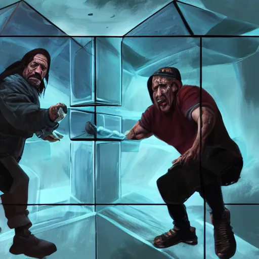 Prompt: danny trejo and elon mush having a fight in an infinite cube, 4 k, trending on artstation, concept art