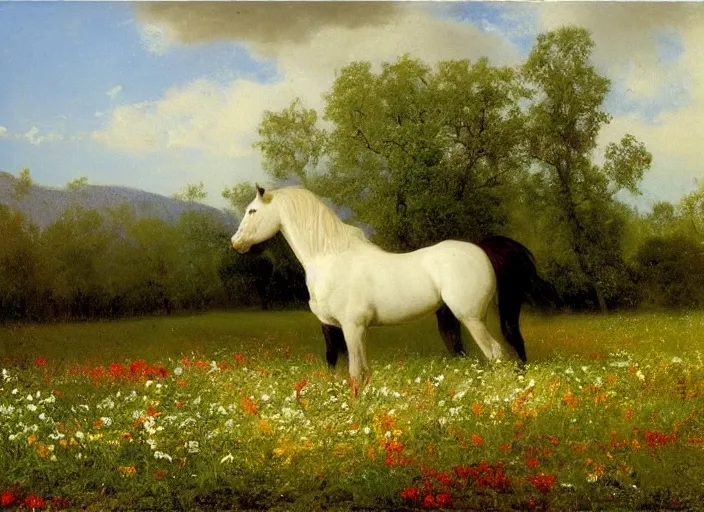 Image similar to a painting of a horse in the middle of a field of flowers by Albert Bierstadt